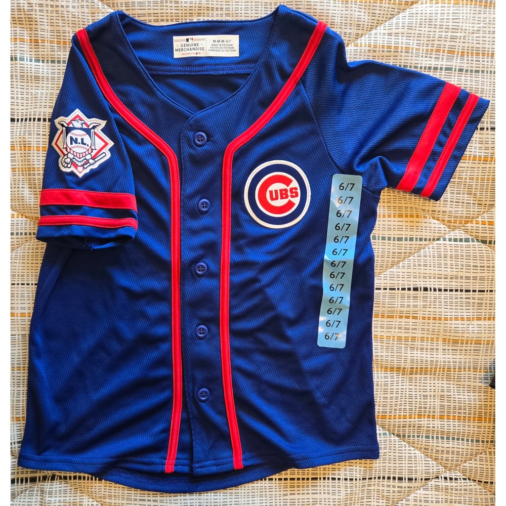 MLB Chicago Cubs Kids Baseball Jersey Blue Red Button Down Size 6/7 New